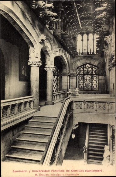 Postcard Santander Cantabria Spain, Seminary and Pontifical University, main staircase, wooden ceiling