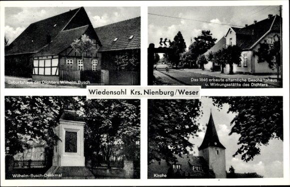 Postcard Wiedensahl in Schaumburg Land, birthplace of the poet Wilhelm Busch, monument, church