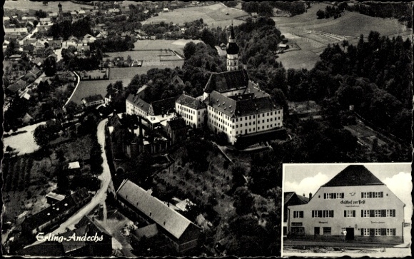 Postcard Erling Andechs in Upper Bavaria, aerial photograph, Gasthaus zur Post
