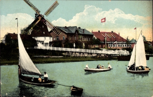 Ak Hamburg Wilhelmsburg Moorwerder Moorwärder, Gasthof R. Stuhlmann an der Elbe, Windmühle, Boote
