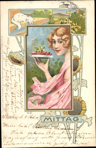 Artist Art Nouveau Chromo-Litho Noon, Time of Day, Allegory, Cherries, Woman