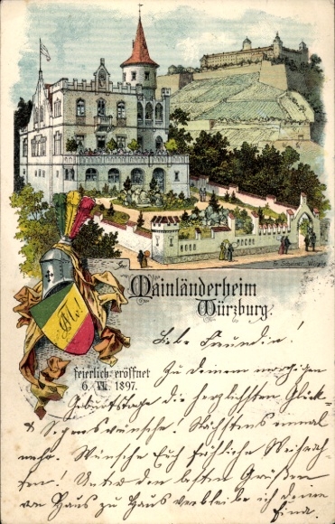 Studentika Postcard Würzburg, Mainländerheim, Corpshaus, coat of arms