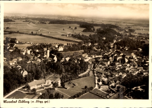 Postcard Bad Aibling in Upper Bavaria, aerial view of landscape, buildings, church, village
