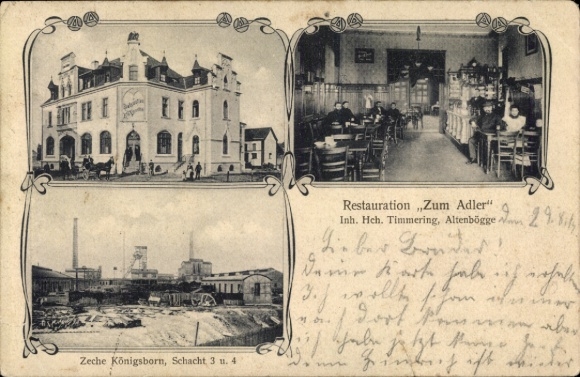 Postcard Altenbögge Bönen in Westphalia, Restaurant Zum Adler, Zeche Königsborn, shaft 3,4