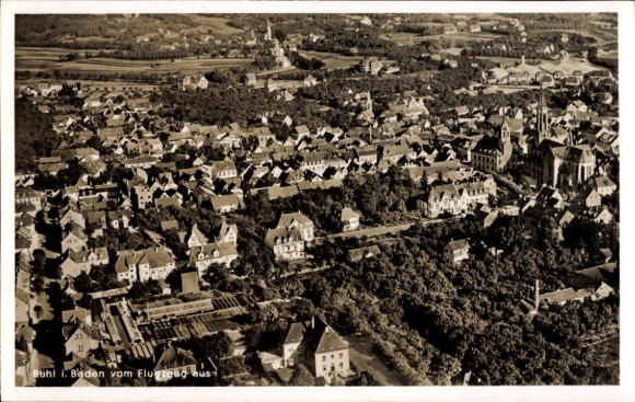 Postcard Bühl in Baden, Mehliskopf, aerial view of Baden, houses and church, cityscape