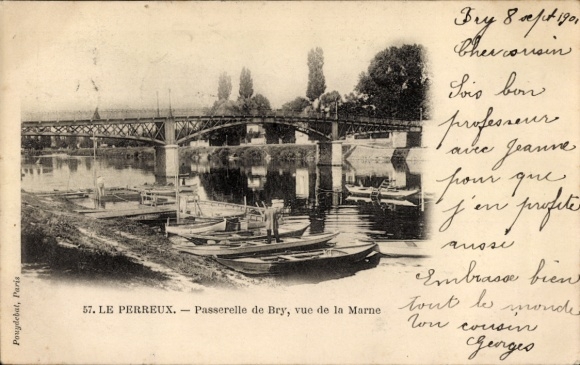 Ak Le Perreux sur Marne Val de Marne, Brücke, Blick auf die Marne, Boote, alte 