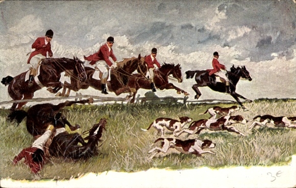 Künstler Ak Hoffmann, Anton, Jagdgesellschaft, Jagdhunde, Reiter