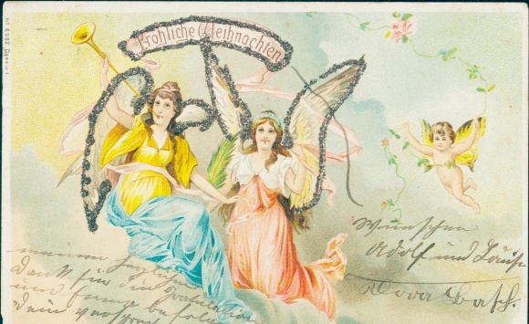 Glitter litho Gefeliciteerd Kerstmis, engel, roos, trompet