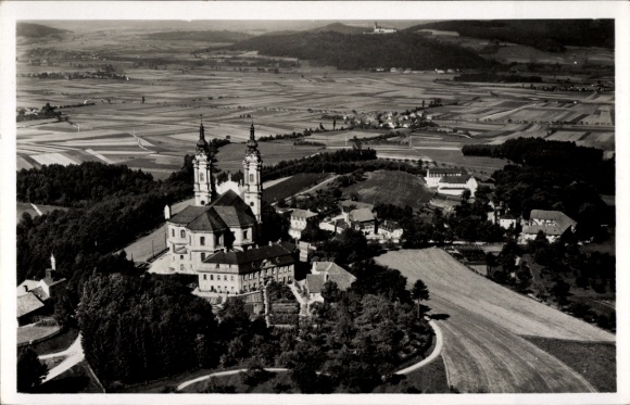 Postcard Vierzehnheiligen Bad Staffelstein am Main Upper Franconia, aerial photograph, Banz Castle