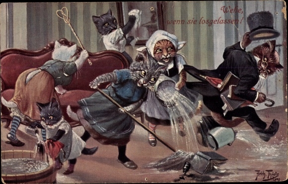Artist Postcard Thiele, Arthur, Humanized cats cleaning the house, woe betide when they let go