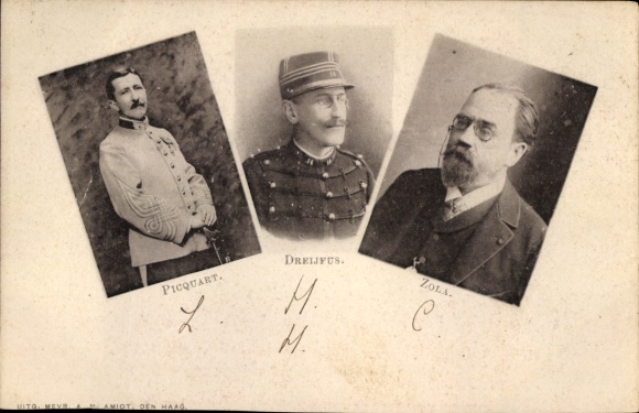 Postcard writer Emil Zola, Dreyfus, War Minister Marie-Georges Picquart