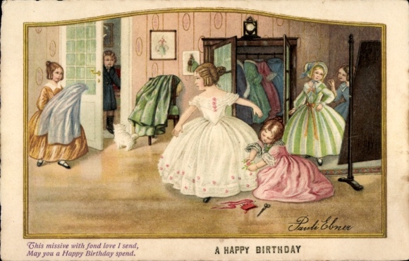 Artist Postcard Ebner, Pauli, In the fashion salon, dress fitting, seamstress