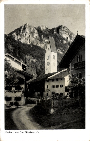 Postcard Nußdorf am Inn Upper Bavaria, village part, church, Alpine panorama