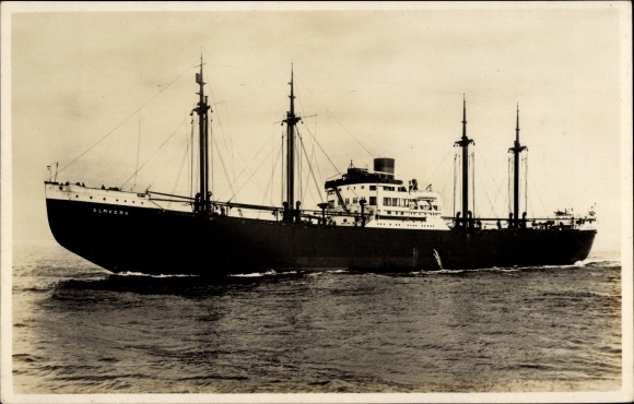 Postcard cargo ship Almkerk, VNS, Verenigde Nederlandsche Scheepvaartmaatschappij