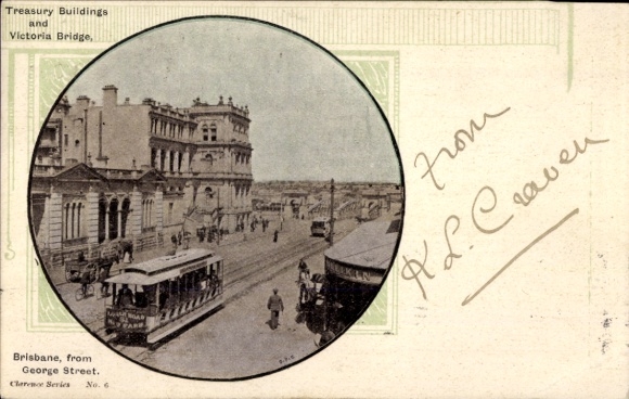Postcard Brisbane Australia, George Street, Treasury Buildings, Victoria Bridge