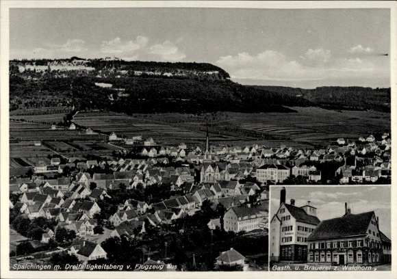 Postcard Spaichingen in Württemberg, Dreifaltigkeitsberg, aerial photograph, Gasth. u. Brauerei zum Waldhorn