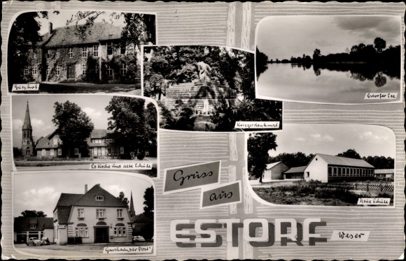 Postcard Estorf on the Weser Lower Saxony, manor, inn Zur Post, church, schools