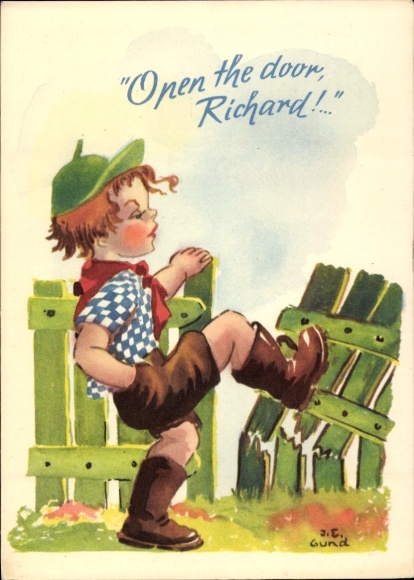 Artist Postcard Gund, boy damages a fence