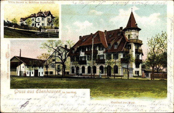 Postcard Ebenhausen Schäftlarn, Gasthof zur Post, Villa Sauer, Rambaldi Castle