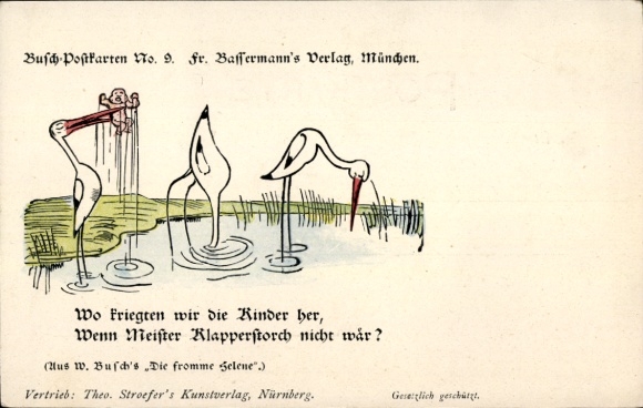 Artist Postcard Wilhelm Busch, The pious Helene, Where did we get the children from, Master Stork