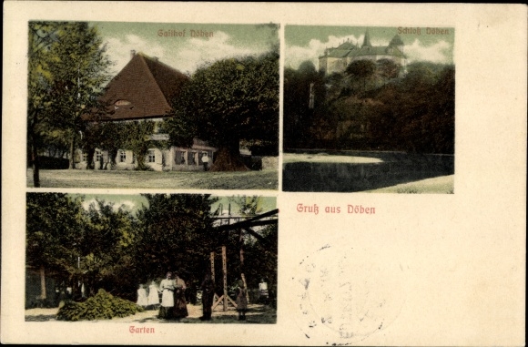 Postcard Döben Grimma, inn, castle