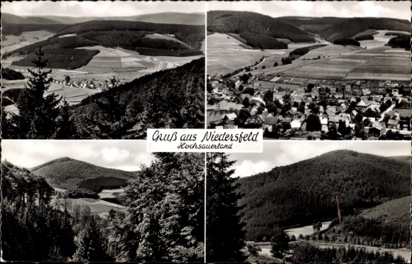 KP Niedersfeld Winterberg w Sauerland, czteroczęściowy widok na krajobraz, lasy, pola, wieś