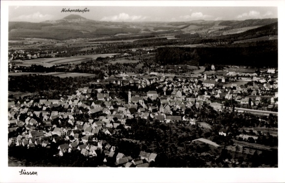 Postcard Süßen an der Fils, aerial view of Hohenstaufen in the background, black and white