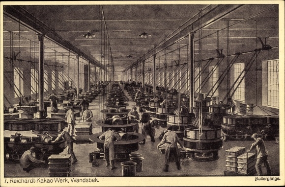 PC Hamburg Wandsbek, Reichardt cocoa factory, interior view, pan mills, workers, machines