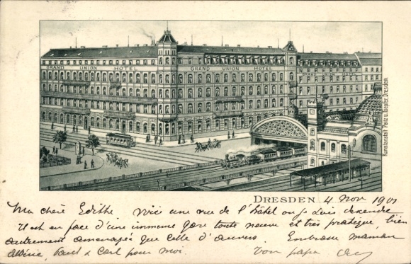 Litho Dresden Altstadt Seevorstadt, Hauptbahnhof, Grand Union Hotel, Bismarckplatz