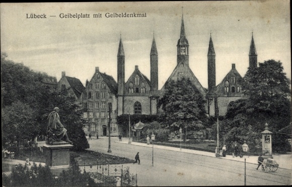 Postcard Hanseatic City of Lübeck, Geibelplatz, Geibel Monument, statue, trees, street