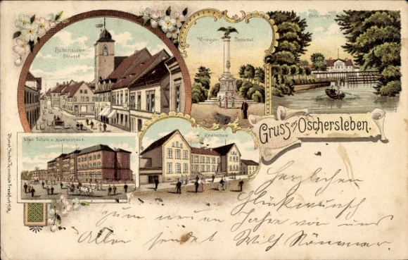 Litho Oschersleben an der Bode, Halberstädter Straße, Kriegerdenkmal, Neue Schule, Realschule