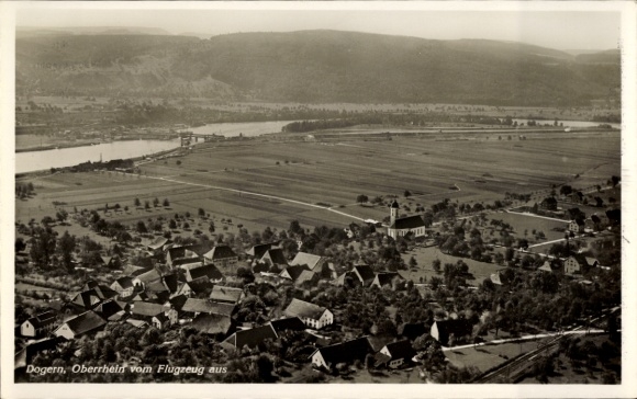 Postcard Dogern am Rhein, aerial view of the Upper Rhine, with church and fields
