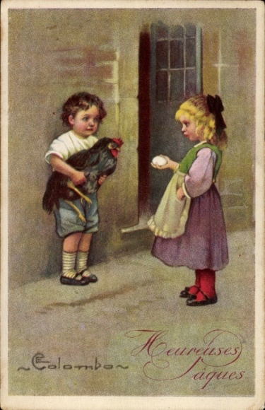 Artist Postcard Colombo, Congratulations Easter, Children with Chicken and Egg