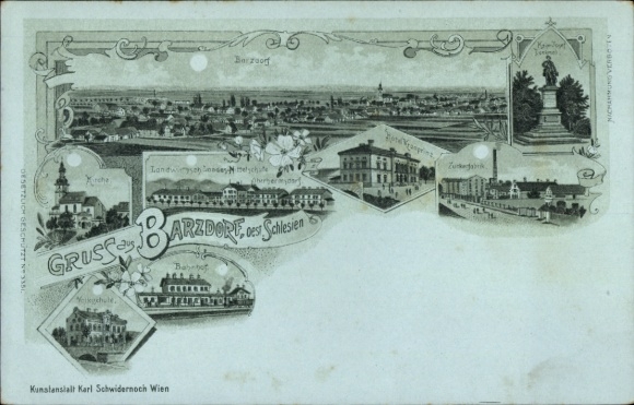 Mondschein Litho Bartoszówek Barzdorf Niederschlesien, Bahnhof, Hotel Kronprinz, Zuckerfabrik