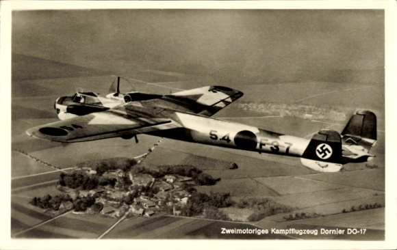 Postcard German Air Force, fighter aircraft Dornier Do 17, 54 F37, camouflage