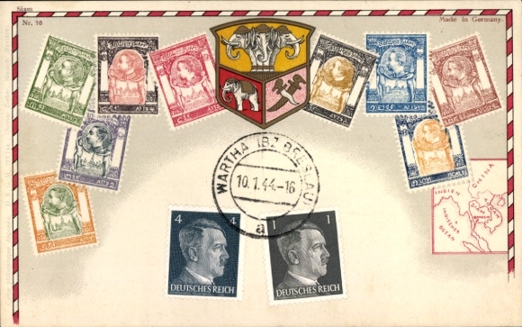 Briefmarken Wappen Ak Siam, Landkarte