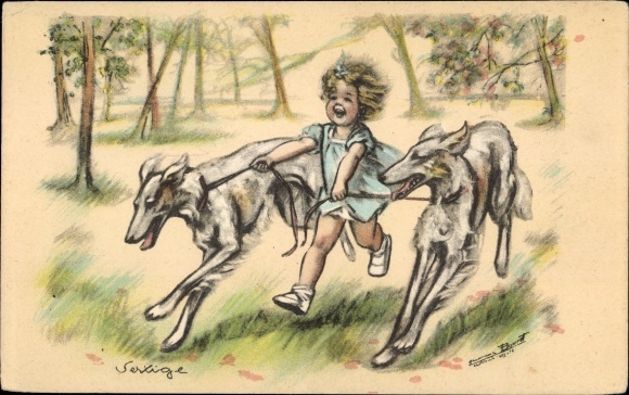 Artist PC Bouret, Germaine, girl runs through the park with two greyhounds