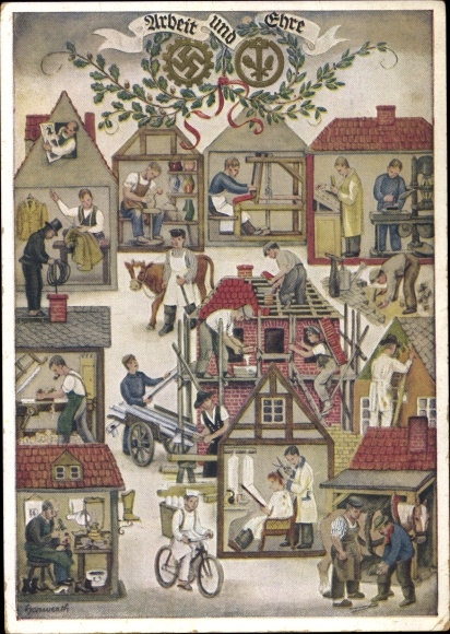 Künstler Ak Reichshandwerkertag 1936, Arbeit und Ehre, Friseur, Bäcker, Töpfer, Schornsteinfeger