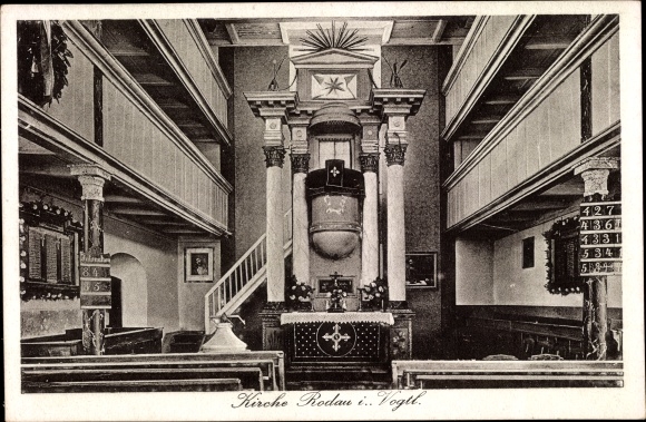 Ak Rodau Rosenbach Vogtland, kerk, interieur, altaar, preekstoel