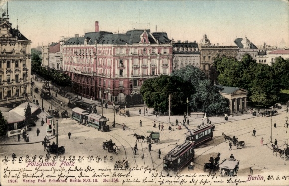 Postcard Berlin Tiergarten, Potsdamer Platz, trams