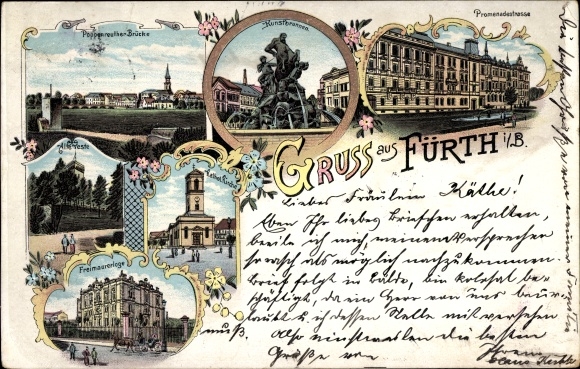 Chromo-Litho Fürth im Odenwald, bridge, promenade street, art fountain, church, fortress, Masonic lodge
