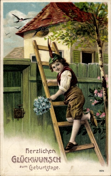 Embossed Postcard Congratulations Birthday, boy on ladder, forget-me-not bouquet, roses