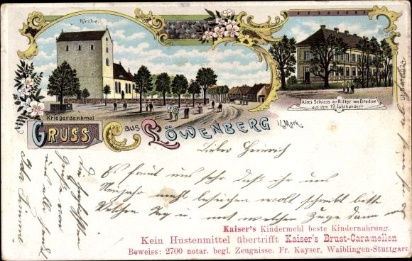 Chromo-Litho Löwenberg in the Mark, old castle, war memorial, church