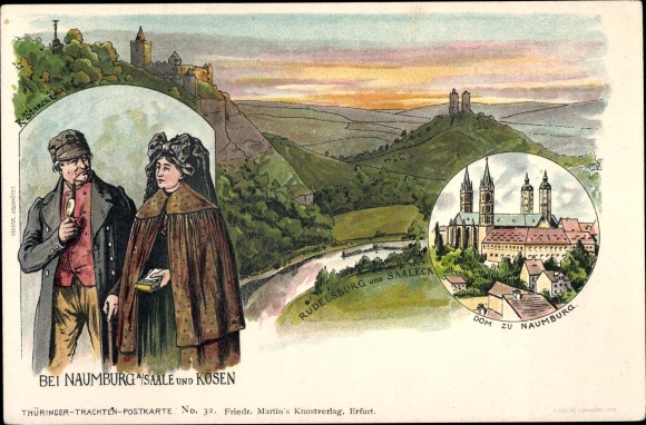 Kunstenaar litho Starck, R., Naumburg an der Saale, kathedraal, paar in kostuum, Rudelsburg, man met pijp