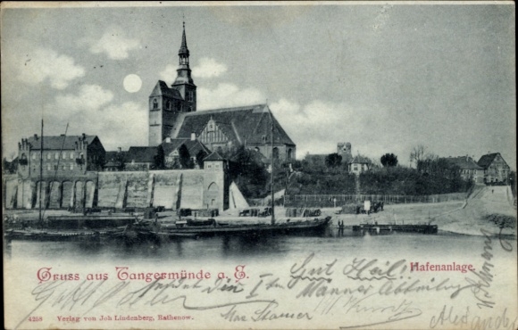 Postcard Tangermünde on the Elbe, city view, harbor, church, boats, sunshine