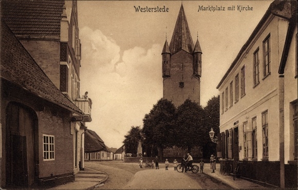 Postcard Westerstede in Oldenburg Ammerland, market place with church