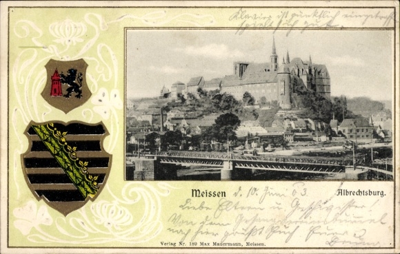 Wytłoczony herb passepartout pocztówka Miśnia nad Łabą, Albrechtsburg