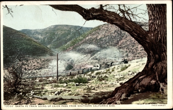 Postcard California USA, Santa Fe train travels up Cajon Pass