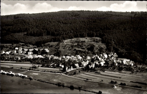 Postcard Grünenwört Wertheim am Main, aerial view of Grünenwört, landscape, houses, forest