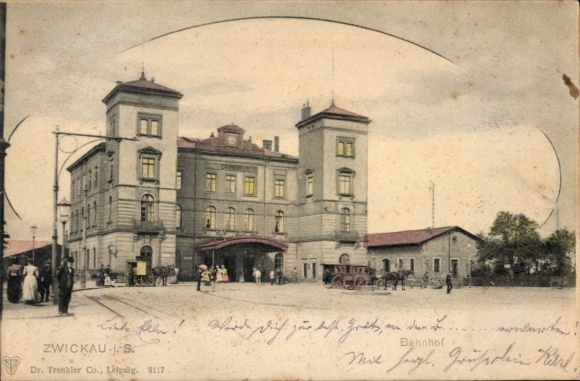 Postcard Zwickau in Saxony, train station